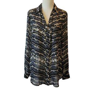 Candies Women's Button up Blouse Adjustable Long Sleeves Sheer Black Floral L